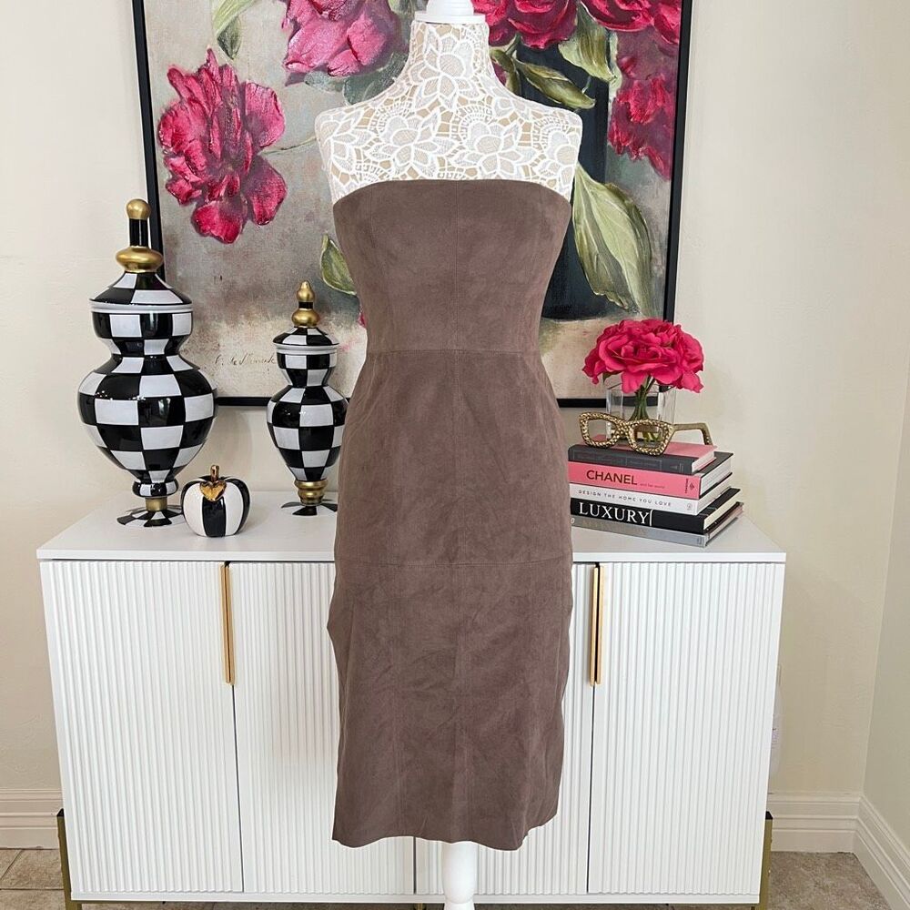 Halston Heritage Womens Faux Suede Strapless Sleeveless Dress Tobacco Size 4 NWT
